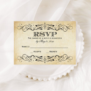 Cartão RSVP Vintage Rustic Black Flourish Parerging Casamento
