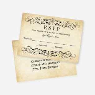 Cartão RSVP Vintage Rustic Black Flourish Parerging Casamento