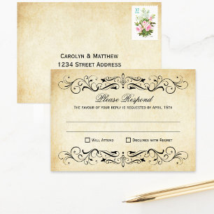Cartão RSVP Vintage Rustic Black Flourish Parerging Casamento