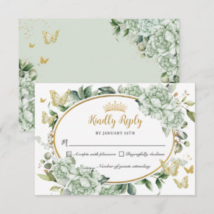 Cartão RSVP Vintage Sage Green Floral Butterflies Quinceañera
