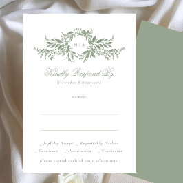 Cartão RSVP vintage sage green leafath monograma casamento