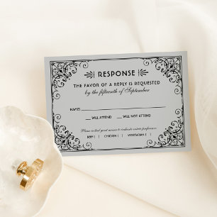 Cartão RSVP Vintage Silver e Black Art Deco Casamento