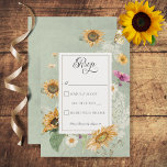 Cartão RSVP Vintage Summer Sunflower Floral<br><div class="desc">Este design de carta de resposta do casamento apresenta um belo quadro de girassóis de cor aquática macia e outros florais de verão em um fundo verde de tristeza macia. É romântico com um toque de safra. Criada pela "Simply Farmhouse Press", faz parte do Vintage Summer Floral Wedding Suite de...</div>