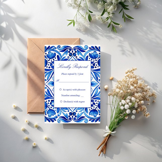 Cartão RSVP Vintage Talavera Azulejo azulejos Azulejo (Vintage Talavera Azulejo blue tiles Mexican Spanish wedding RSVP Card)