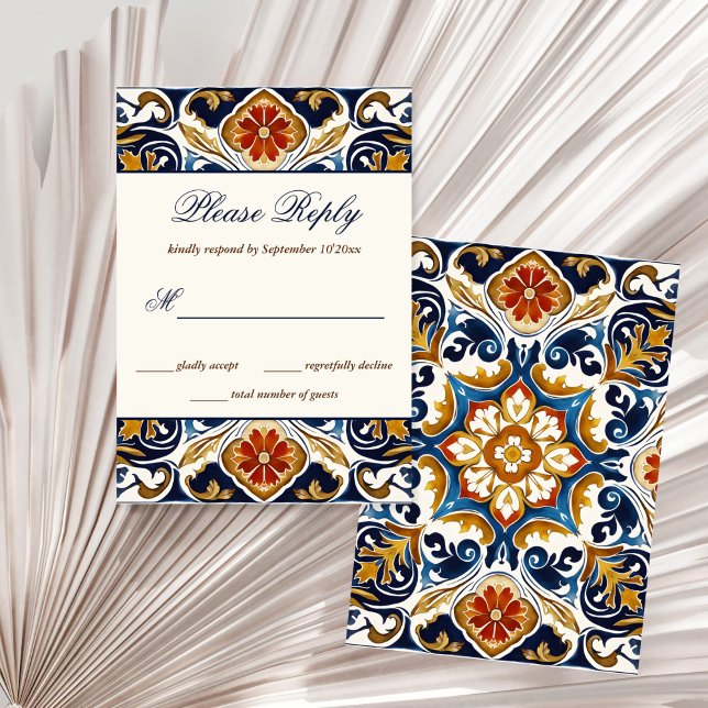 Cartão RSVP Vintage Talavera Azulejo azulejos Azulejo (Vintage Talavera Azulejo Mediterranean blue tiles wedding RSVP Cards wedding invitation suite)