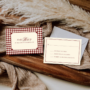 Cartão RSVP Vintage Vermelho Xadrez Casamento Dinheiro Antigo 