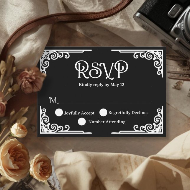 Cartão RSVP  Vintage White Black Wedding  (Cinematic Vintage White Black Wedding RSVP Card)