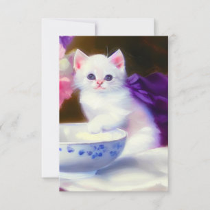 Cartão RSVP Vintage White Kitten com Fita Roxa