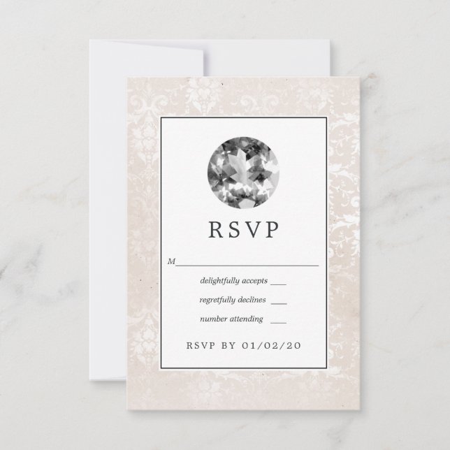 Cartão RSVP Vintage White Wedding Diamond (Frente)
