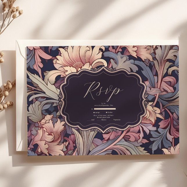 Cartão RSVP Vintage William Morris Lavanda Wedding (Criador carregado)