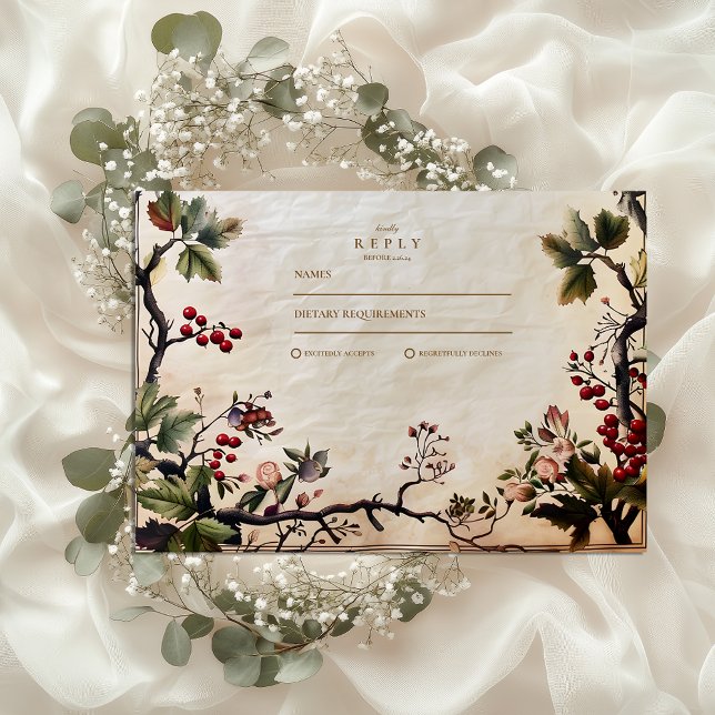 Cartão RSVP Vintage Woodland Berry Wedding (Criador carregado)