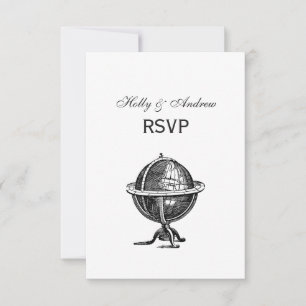 Cartão RSVP Vintage World Globe Lithógrafo Desenhando BW