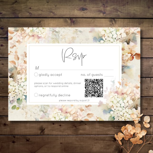 Cartão RSVP Vintagem Neutral Romântica Hydrangeas Casamento QR (Romantic Neutral Vintage Hydrangeas Wedding QR Code RSVP Card)