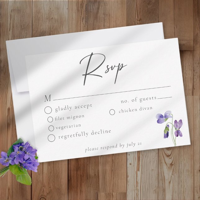 Cartão RSVP Violet Watercolor Minimalist Elegant Wedding (Criador carregado)