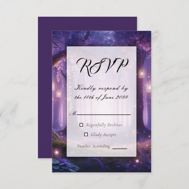 Cartão RSVP Violeta na Floresta Encantada à Meia-Noite (Frente/Verso)