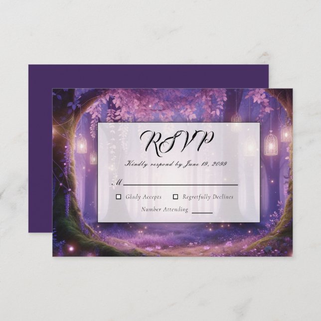 Cartão RSVP Violeta no Casamento Florestal Encantado à Meia-No (Frente/Verso)
