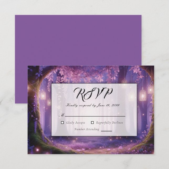 Cartão RSVP Violeta no Casamento Florestal Encantado à Meia-No (Frente/Verso)