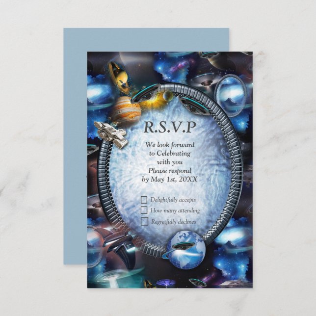 Cartão RSVP Visitantes da Galáxia no espaço (Frente/Verso)