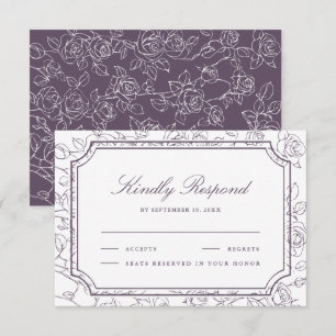 Cartão RSVP Vitoriano Arte de Linha Floral Roxo Empoeirado Cas