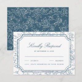 Cartão RSVP Vitoriano Arte Linear Floral Azul Empoeirado Casam
