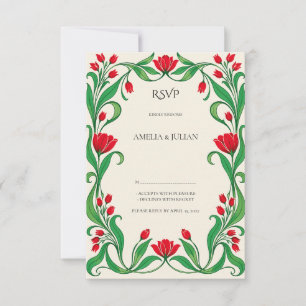Cartão RSVP Vívido Escarlate Esmeralda Art Nouveau