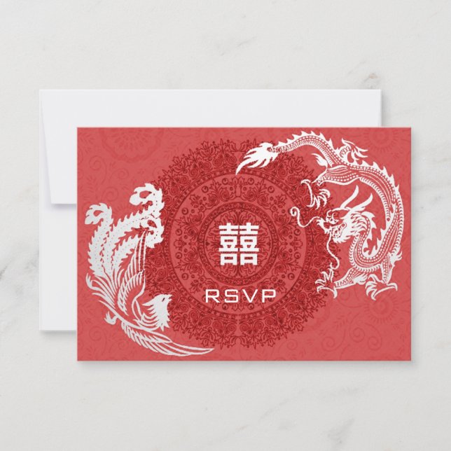Cartão RSVP VP de Casamento Chinês Moderno Dragão-Phoenix (Frente)