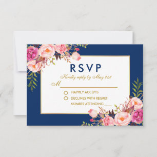 Cartão RSVP VSVP de Casamento Dourado Azul Cor-de-Água Floral
