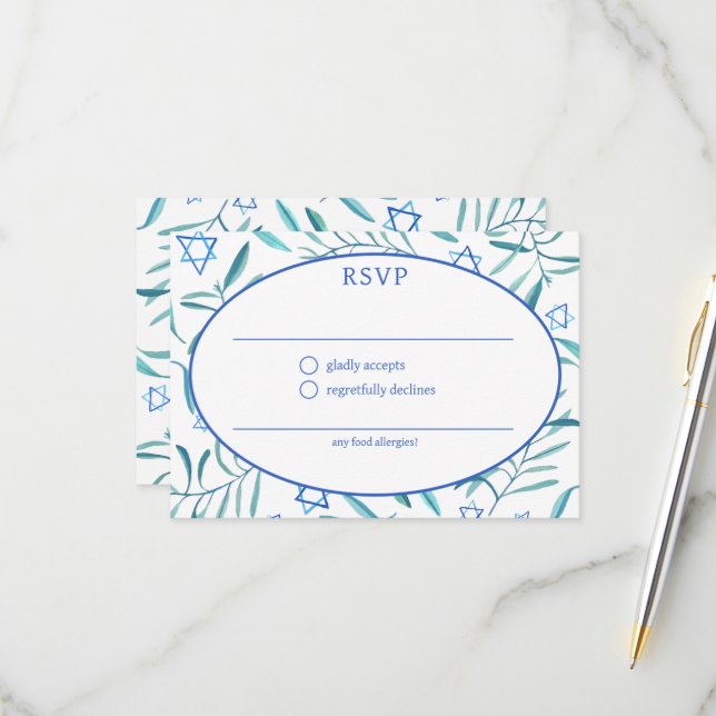Cartão RSVP Watercolor Botanical Star David Bar Bat Mitzvah (Frente/Verso In Situ)