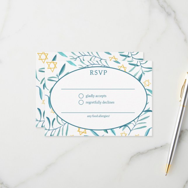 Cartão RSVP Watercolor Botanical Star David Bar Bat Mitzvah (Frente/Verso In Situ)