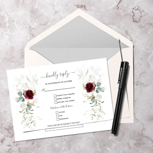 Cartão RSVP Watercolor Burgundy Ar Floral Deixa Casamento (Criador carregado)