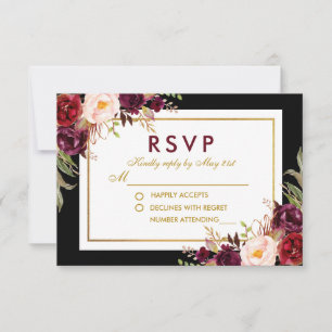 Cartão RSVP Watercolor Burgundy Floral Black Dourado Casamento