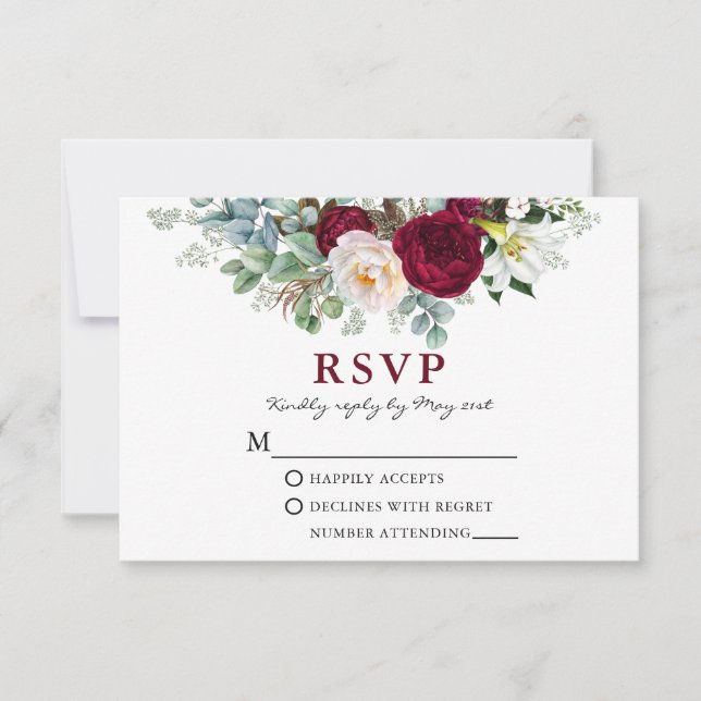 Cartão RSVP Watercolor Burgundy Floral Greenery (Frente)
