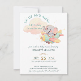 Cartão RSVP Watercolor Elephant Airplane Boy Invitation