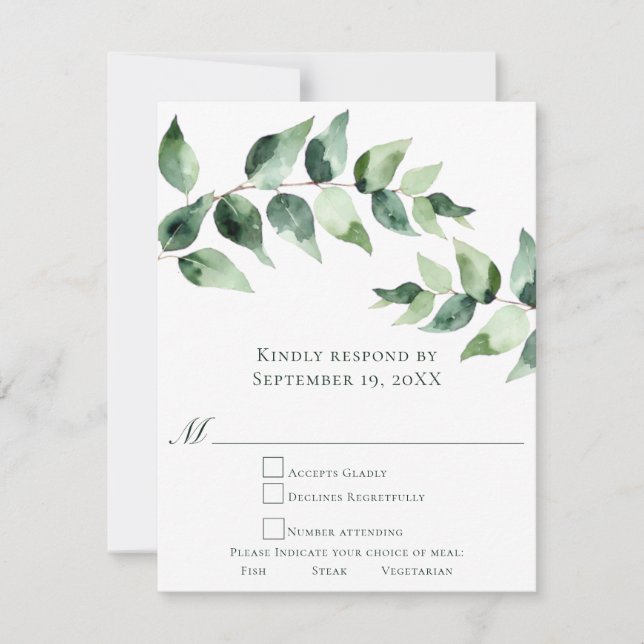 Cartão RSVP Watercolor Eucalyptus Wedding | White (Frente)