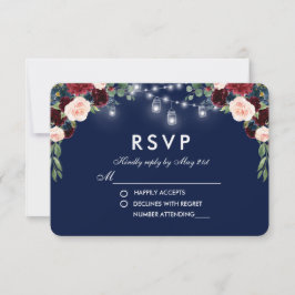 Cartão RSVP Watercolor Floral Blue Burgundy Jars Casamento RSV