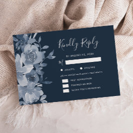 Cartão RSVP Watercolor Floral Dusty Blue Navy Wedding