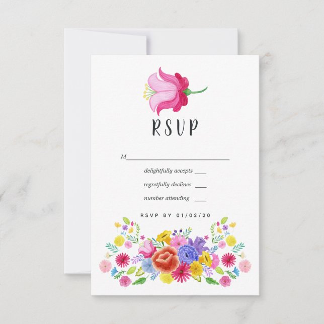 Cartão RSVP Watercolor Floral Mexicano Fiesta Wedding (Frente)