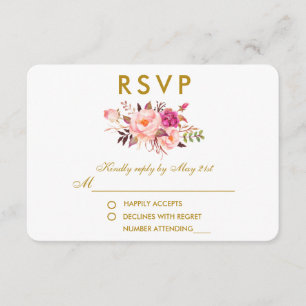Cartão RSVP Watercolor Floral Rosa Blush Dourado Casamento RSV