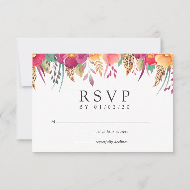 Cartão RSVP Watercolor Floral Safari Wedding (Frente)