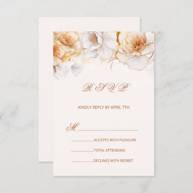 Cartão RSVP Watercolor Gold White Roses (Frente/Verso)