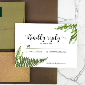 Cartão RSVP Watercolor Green Fern Leaf Noivado de Casamento RS