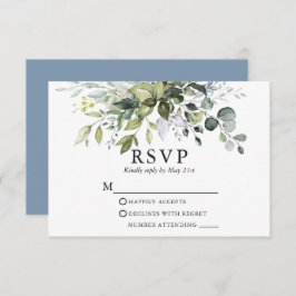 Cartão RSVP Watercolor Greenery Dusty Blue Weding