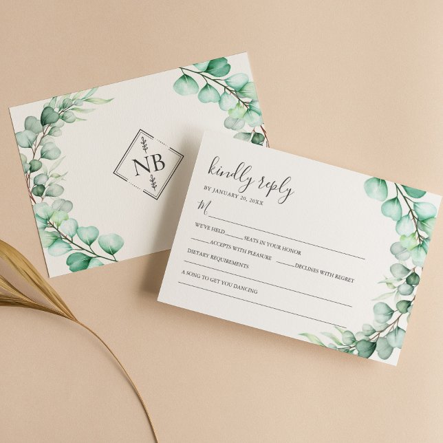 Cartão RSVP Watercolor Greenery Eucalyptus Deixa Casamento (Criador carregado)