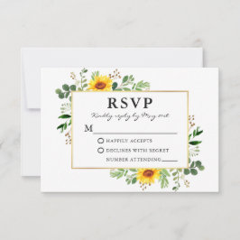Cartão RSVP Watercolor Greenery Girassóis Dourado Casamento