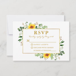 Cartão RSVP Watercolor Greenery Sunflower Casamento Dourado