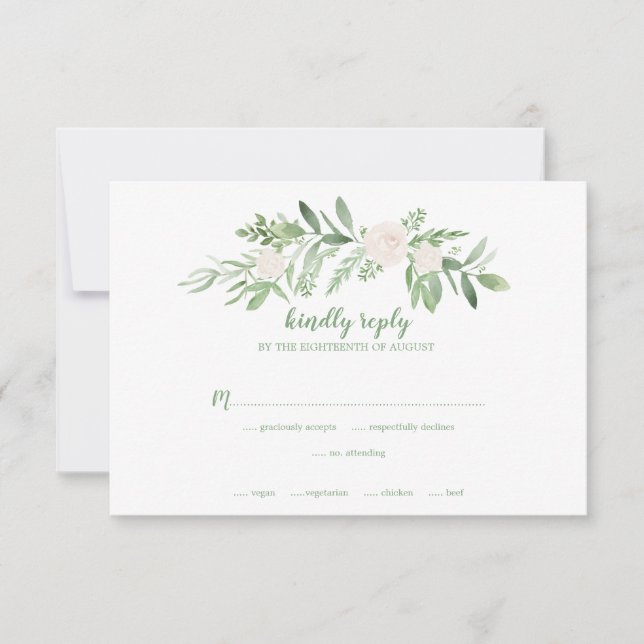Cartão RSVP Watercolor Ivory Rosa Floral Wedding (Frente)