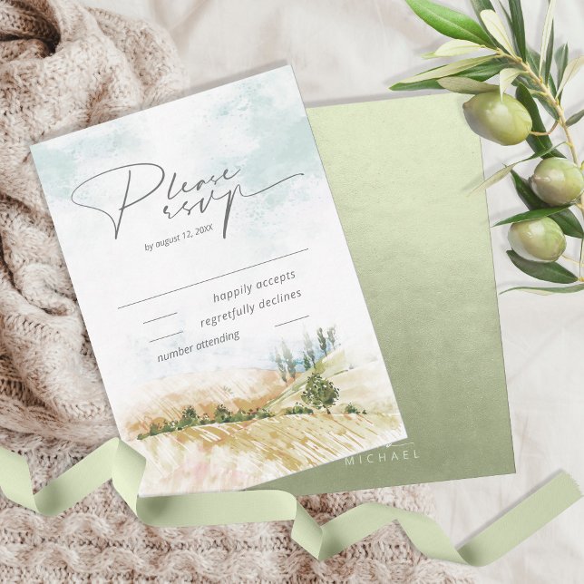 Cartão RSVP Watercolor Landscape Wedding Sage Green ID786 (Criador carregado)