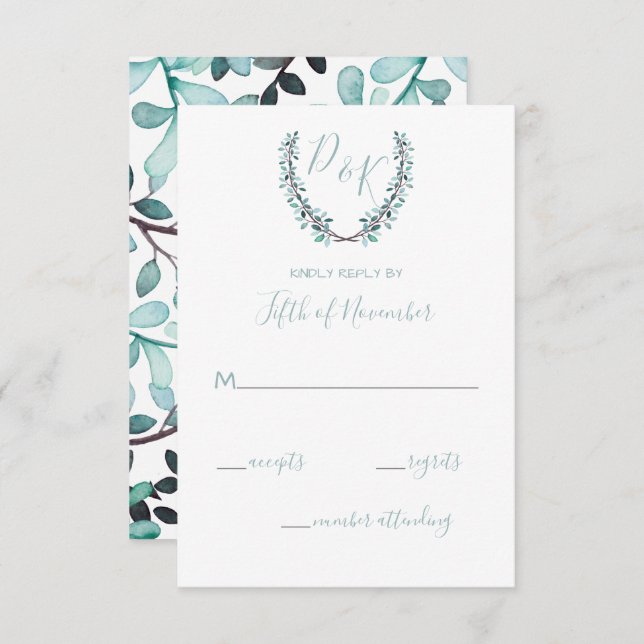 Cartão RSVP Watercolor Laurel Sair Monograma Wedding (Frente/Verso)