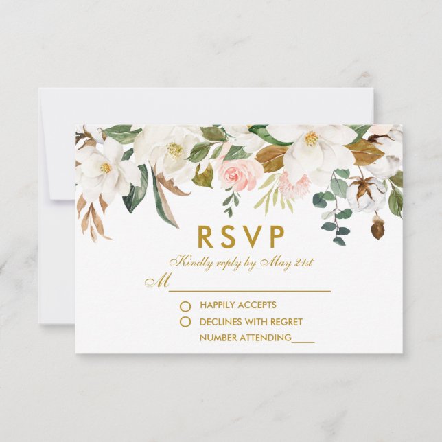 Cartão RSVP Watercolor Magnolias Rosas Floral Dourado Casament (Frente)