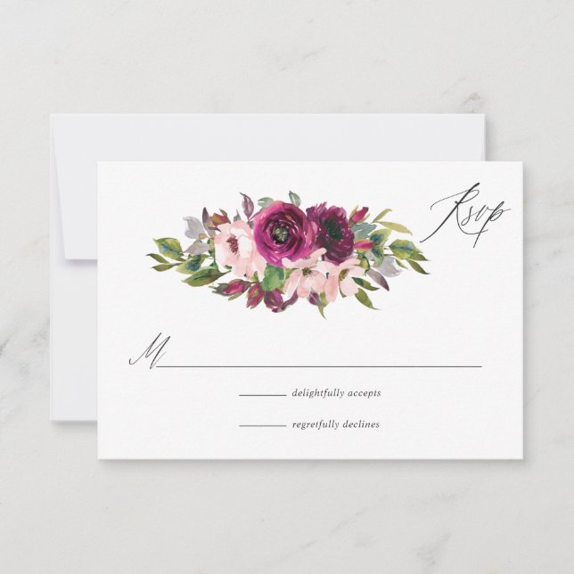 Cartão RSVP Watercolor Marsala e Blush Floral Wedding (Frente)